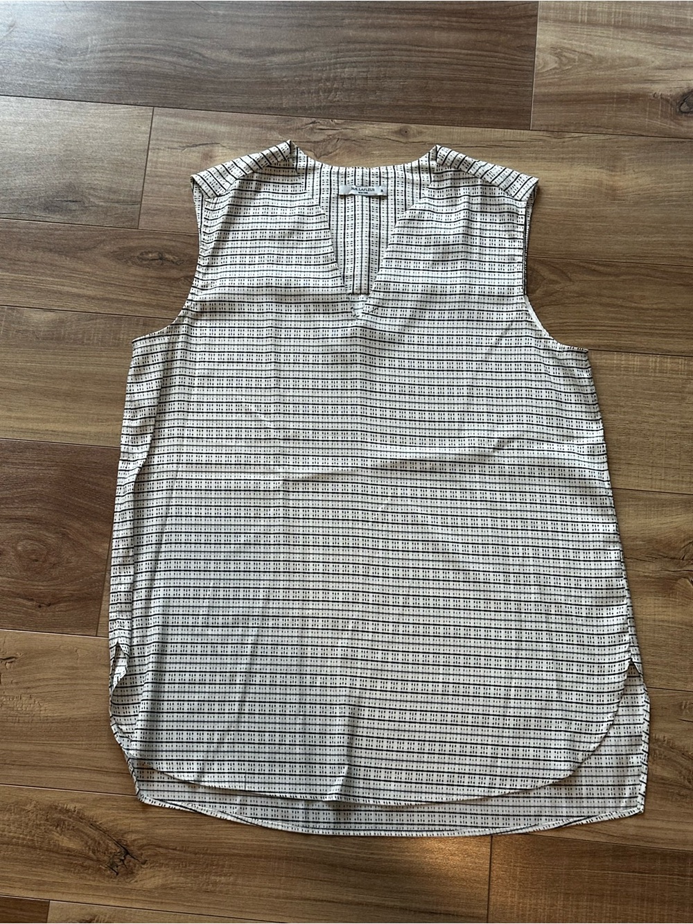 MM. LaFleur Ivory and Black Patterned Sleeveless Split-Neck Top